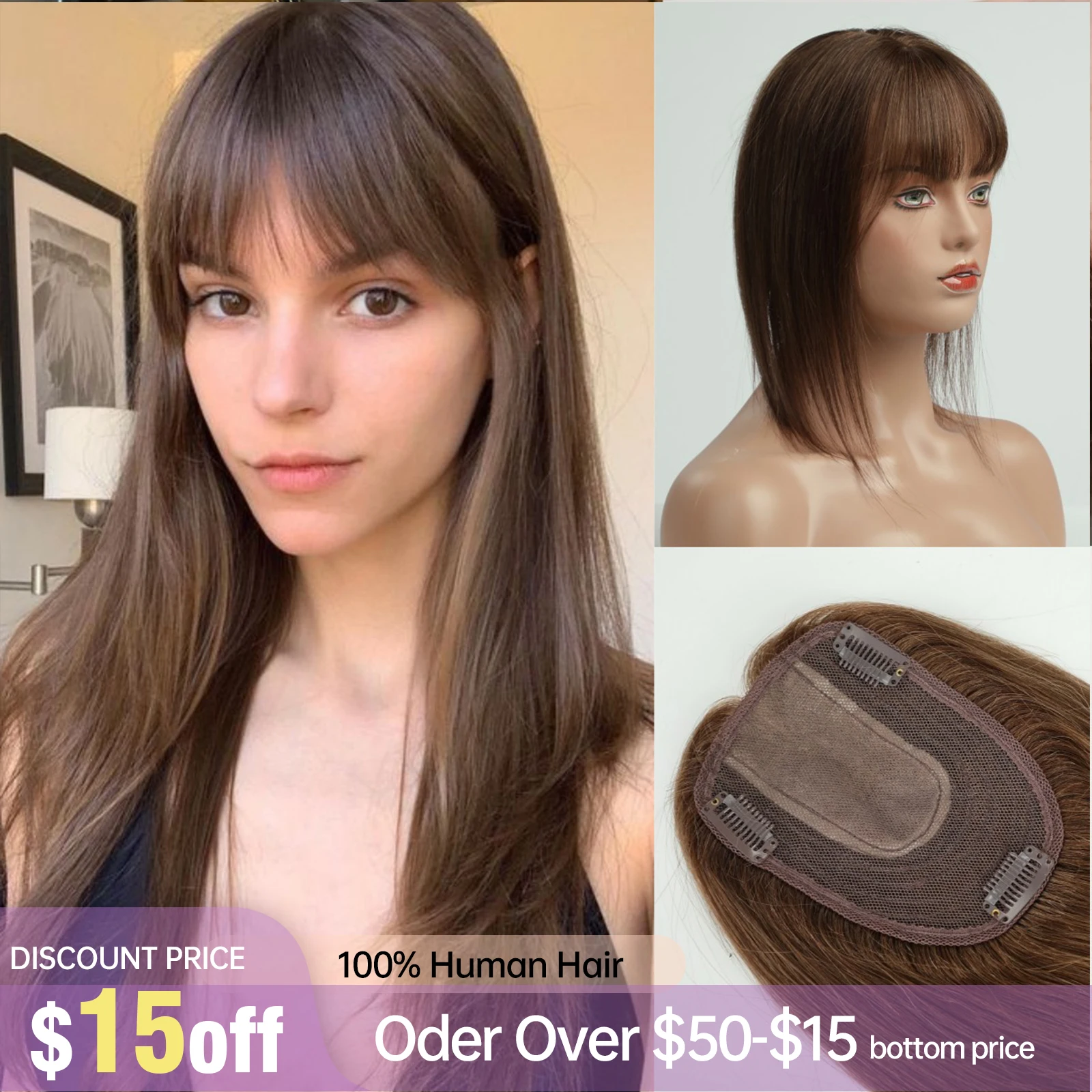 

100% Remy Human Hair Topper with Bangs Natural Brown Human Hair Pieces for Women Silk Base Clip In Topper For Thinning Hair 14in