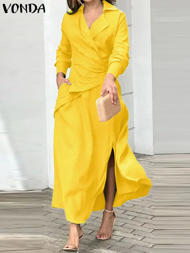 

2023 VONDA Elegant Party Dress Women Summer Maxi Long Sundress Casual Solid Color Long Sleeve Lapel Neck Pleated Vestidos Robe