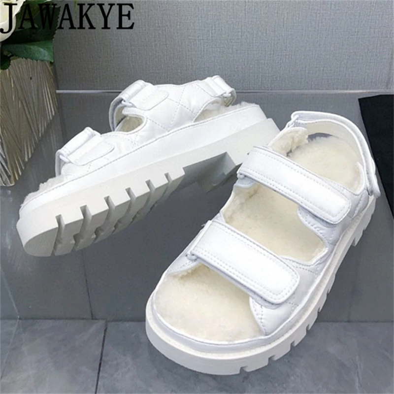 

2024 Spring Thick Sole Flats Fur Sandals Women Brand Open Toe Real Leather Long Socks Shoes Fashion Wool Rome Sandalias Femme