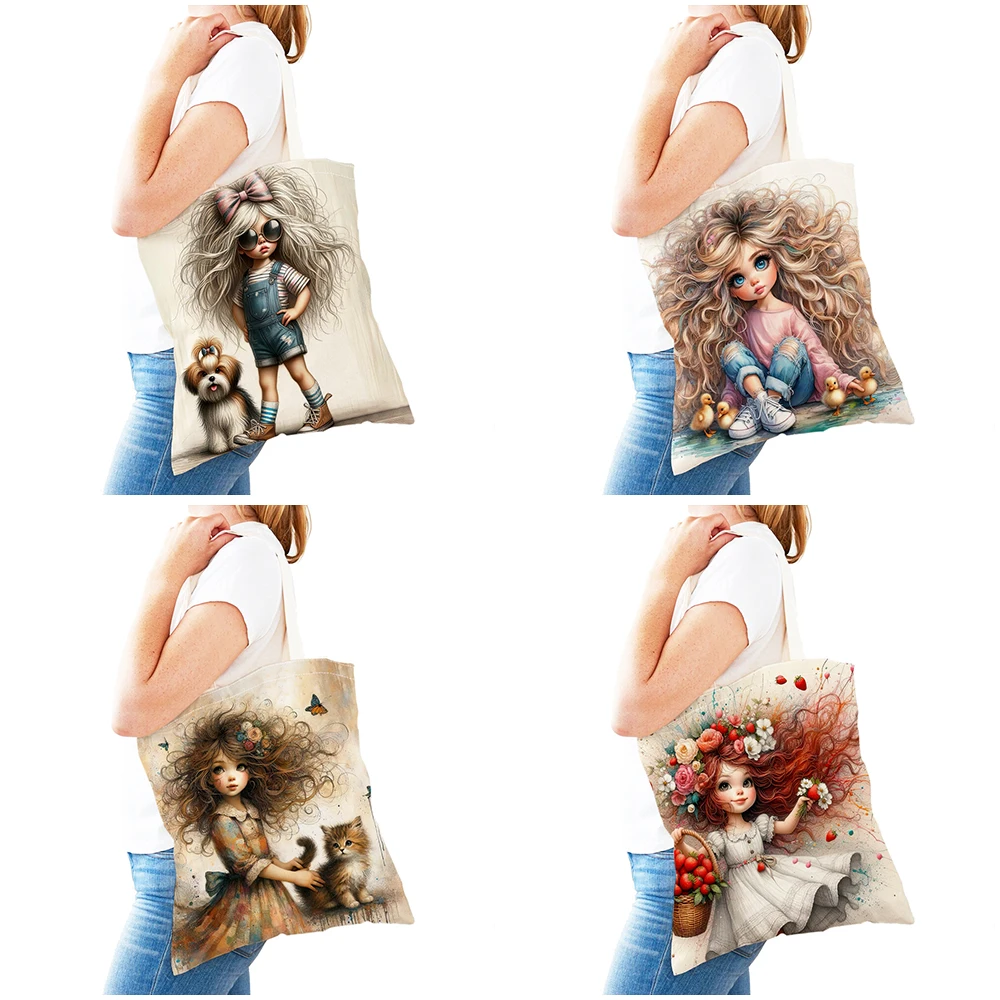 Casual Lovely Child Shopping Bags Cute Cartoon Girl Double Print Reusable Canvas Shopper Bag Fairy Tale World Lady Handbag Tote