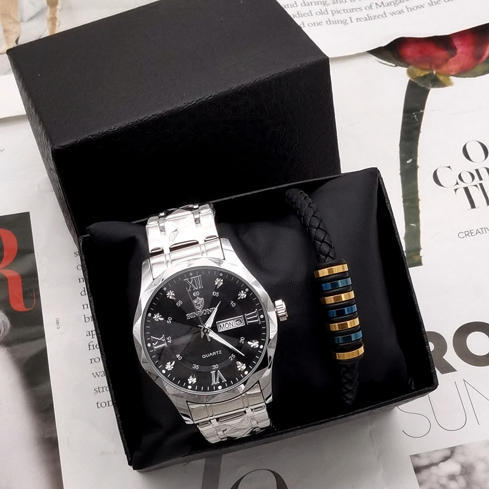 Luxury Top Brand Man Wristwatch Waterproof Luminous Date Week Men Watches Stainless Steel Quartz Men's Watch With Bracelet+Box