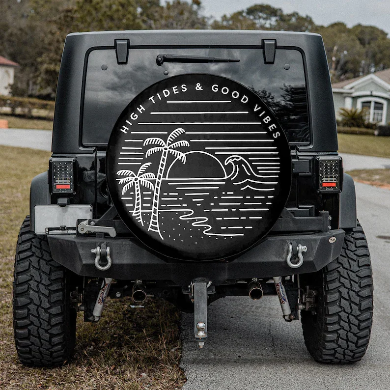 

High Tides And Good Vibes In Black, Gift For Father, Christmas Gift, Personalized Spare Tire Cover, Gift For Traveller,