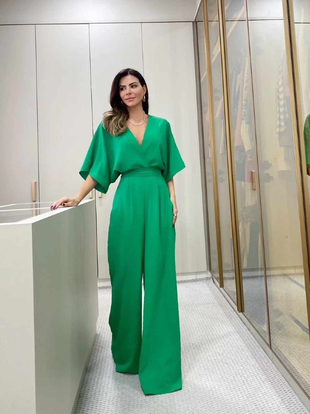 

2023 Summer V-Neck Bat Sleeves Back Lace Up Straight Jumpsuit Women Fashion Solid Color High Waist One Piece Pants Rompers Mujer