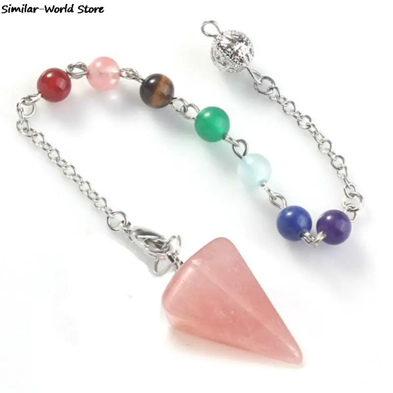 Healing Pendulum do wróżenia różowy kwarcowy Pendulum biolokalizacja naturalny klejnot kamień łańcuch mężczyźni Reiki Crystal Pendant