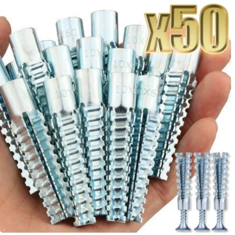 50/10sets Expansion Screw Sturdy Metal Fasteners Serrated Tube Drill Plug Solid Serrat Thorny Wall Bolt Home Improvement New
