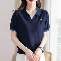 Polo Neck Shirt for Women Cute Plain Kawaii Baggy Red Woman T Korean Clothing Synthetic Luxury Fashion 2025 Pretty in Trend New - Image 4