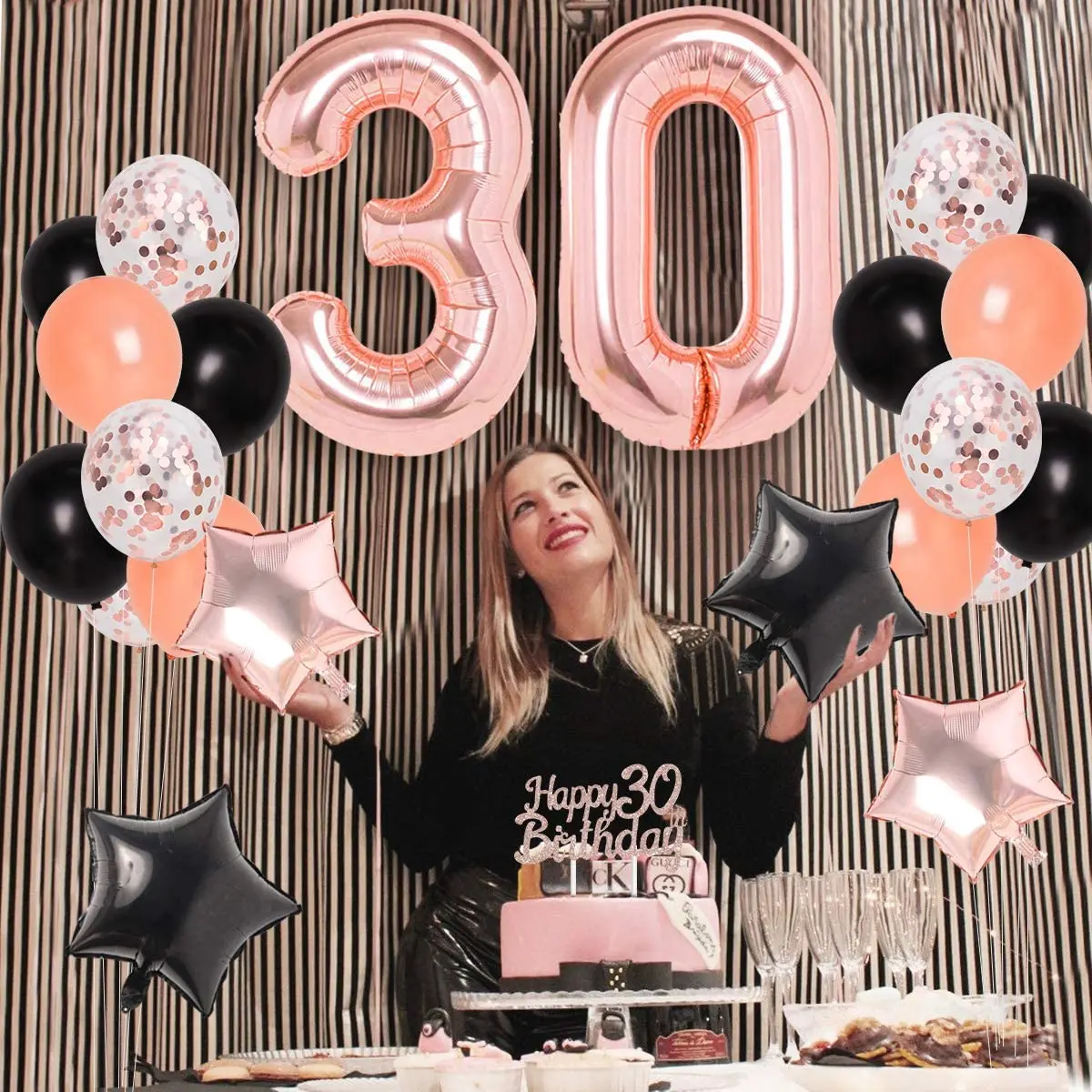 Decoraciones de fiesta para mujer, pancarta de feliz cumpleaños, Topper para  pastel, remolinos colgantes, número 30, Kit de globos de aluminio, negro,  oro rosa, 30 _ - AliExpress Mobile