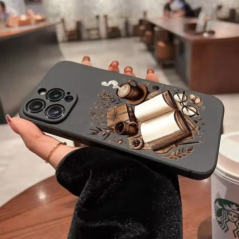 Creative Pattern Phone Case - Book Coffee Glasses Design