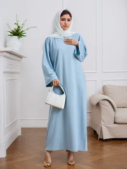 Women Muslim Abaya Light Blue Loose Fit Long Sleeves with Pockets Stylish Comfortable for UAE Saudi Arabia Qatar Middle East