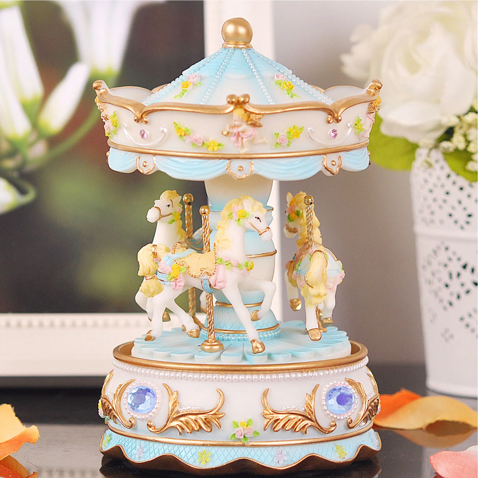 Mini Carousel Clockwork Music Box Colorful LED Merry-go-round Musical ...