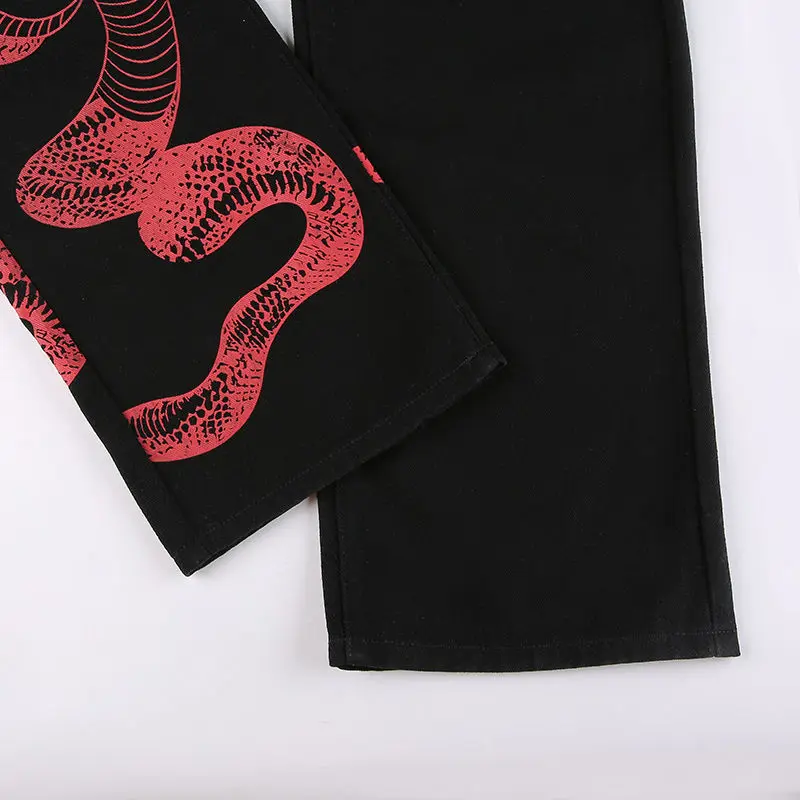 Calças de Brim Total em Linha Femininas Estilo Escuro Cintura Alta Comprimento Reta Cobra Padrão Calças 2022 Primavera Streetwear Senhoras Jeans Moda 22 Computers & Electronics