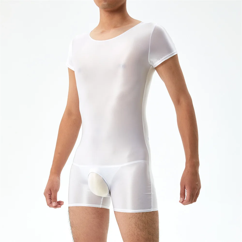 

Exotic Men Silk Sheer Undershirts Leotard Novelty Crotchless Gay Bodysuits Lingerie Shorts Sleeve Seamless Underwear Jumpsuits