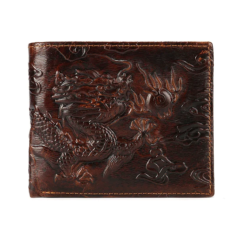 Fashion Genuine Leather Short Wallet 3D Dragon Embossed Purse Cowskin Leather Men Purse Card Wallet Bifold Wallet with ID Window