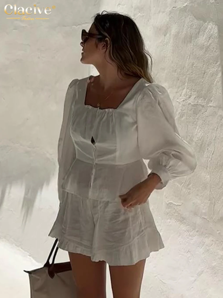 

Clacive Bodycon White Cotton Office 2 Piece Sets Women Outfit 2024 Elegant Long Sleeve Shirt With High Waist Shorts Set Female