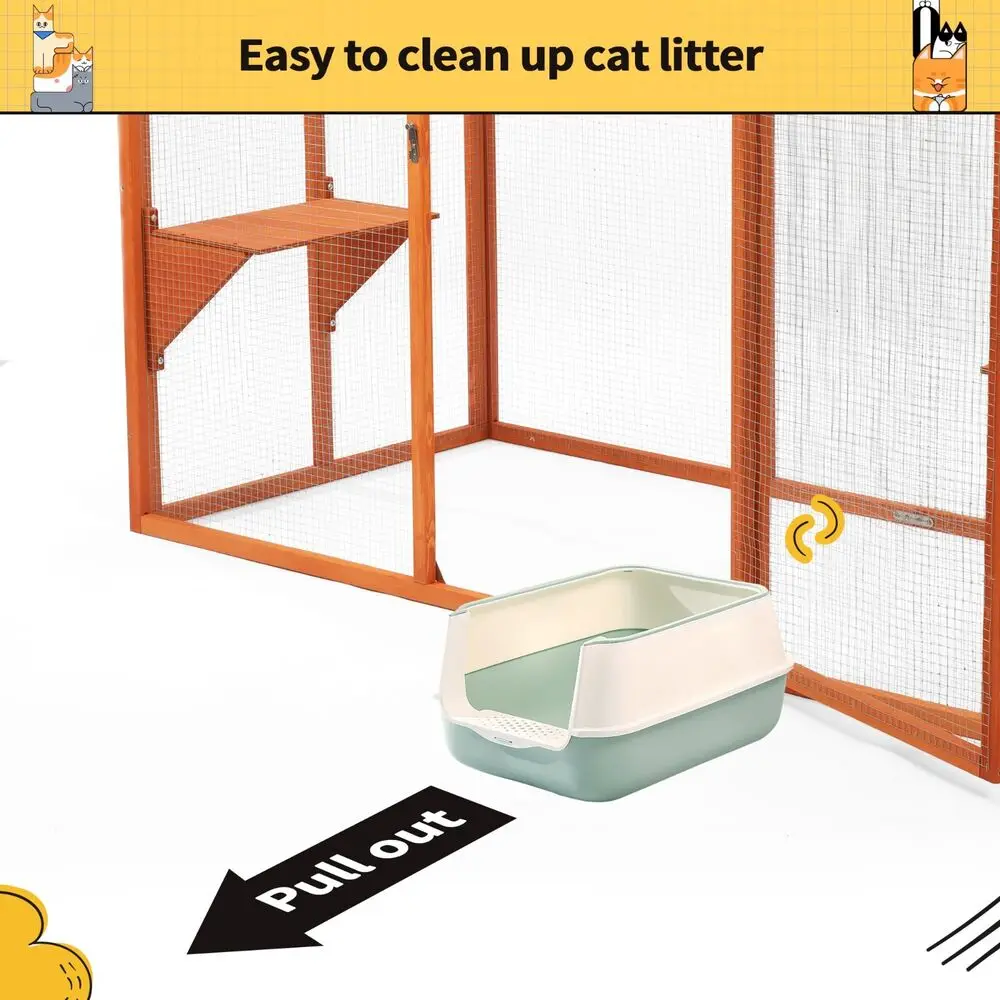 Cat Catio Outdoor Cat House Wood with Platforms Lockable Enter Door Orange