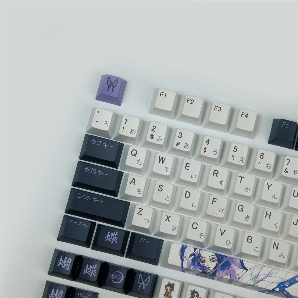 conjunto pbt tintura sublimação anime keycaps kochou shinobu tema chave caps para demônio slayer cherry perfil keycap
