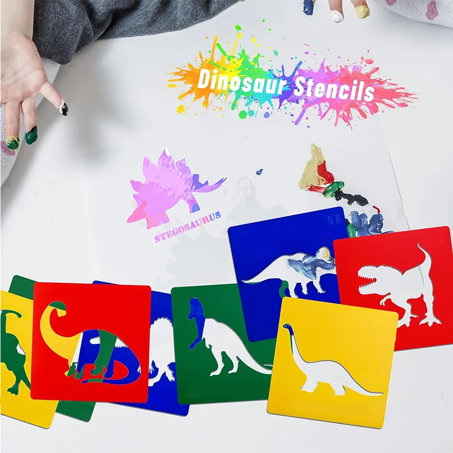 6Pcs 미니 마커가있는 6Pcs 공룡 그림 스텐실 세척 가능한 플라스틱 템플릿 세트 교실 ZSY 용 DIY 아트 공예