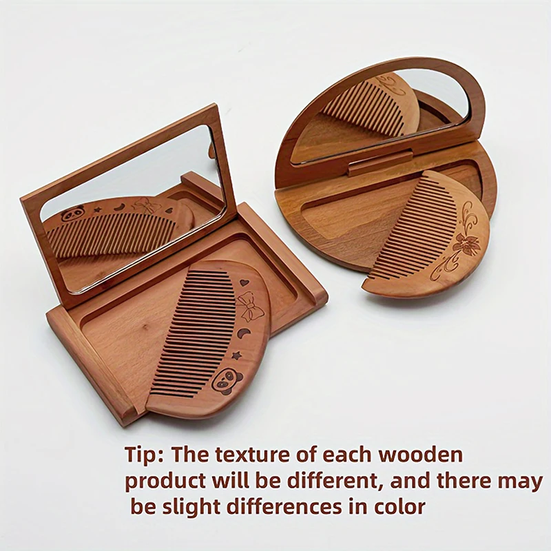 빈티지 조각 복숭아나무 빗과 거울 세트 2-in-1 미니 접이식 우아한 휴대용 그루밍 키트 선물