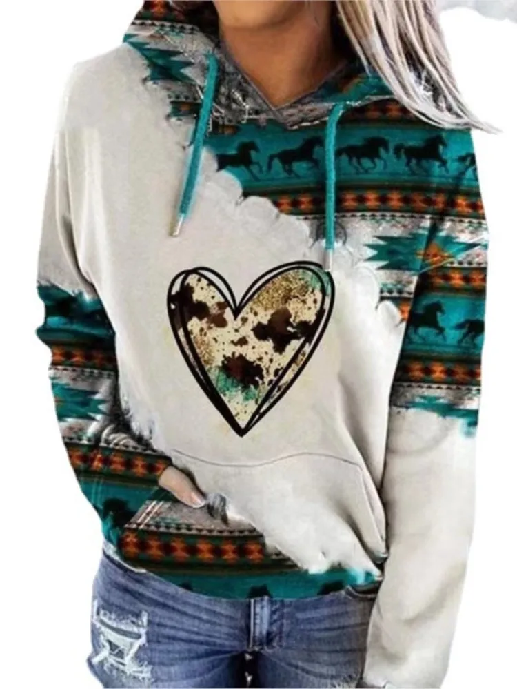 

Women's Autumn New Long Sleeved Fashionable Printed Hoodie With Retro Western Style Loose Round Neck Hooded Casual Hoodie