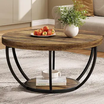 Round Coffee Table, Wooden 2-Tier Circle Coffee Table with Storage Shelves,Accent Cocktail Table Center Table for Living Room