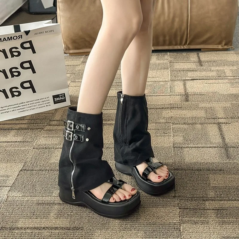 

Designer Soft Leather Fashion Women Casual Open Toe Gladiator Wedges Sandals Outside Women Slippers Thick Sole Women Sandals