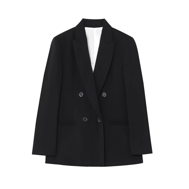 PB&ZA 2025 Women Double Breasted Blazer and Wide Leg Trousers Set in Black and Gray Classic Stylish Office Formal Wear 4