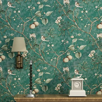 Country Style Dark Green Floral Bird Wallpaper