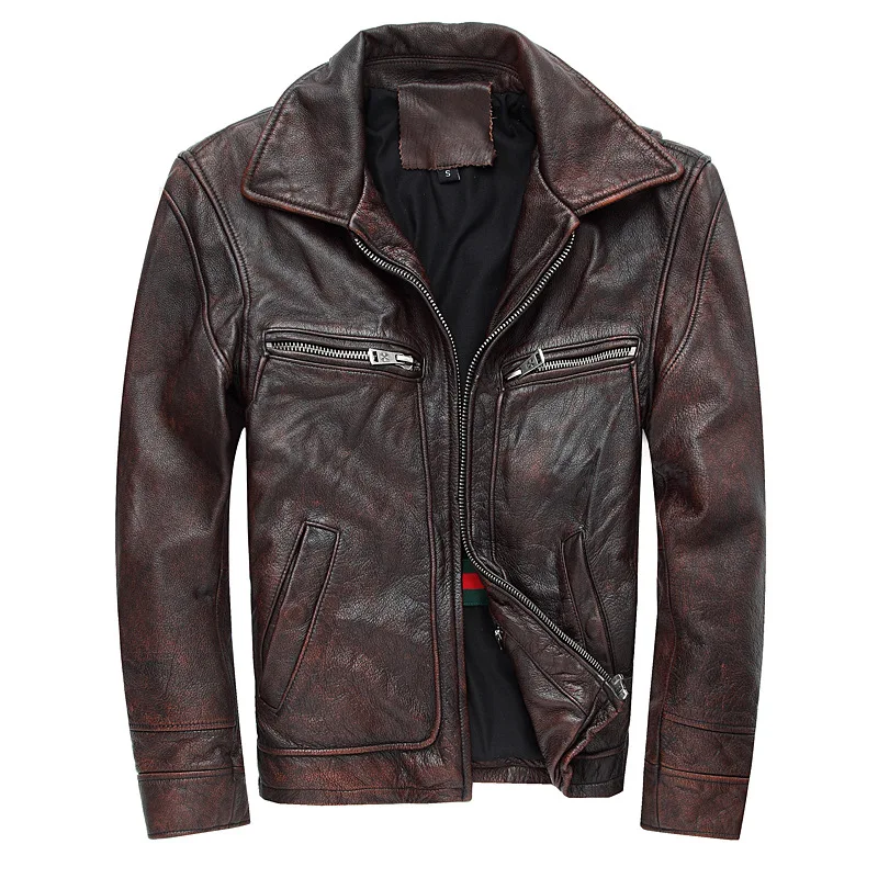 

2023 Moto Cowhide Distressed Stand-up Collar Slim Fit Short Motorcycle Clothing Jacket Men's Genuine Faux Leather Clothes