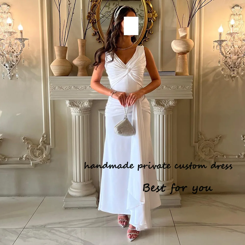 

White Satin Mermaid Evening Dresses Sleeveless V Neck Elegant Formal Dress Dubai Arabic Prom Party Dress Ankle Length