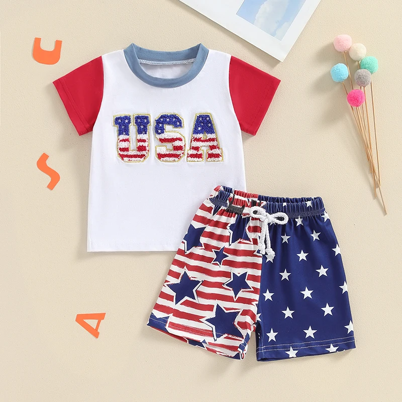 Independence Day Toddler Boy Outfit Patriotic Letter Embroidery Tee and Star Pattern Shorts Set for Summer Celebrations