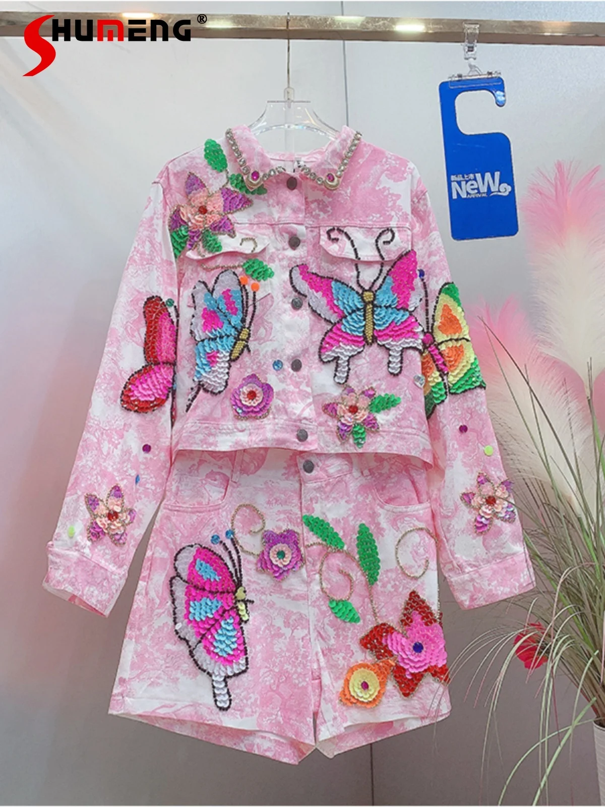 Fashion Denim 2PCs 2024 Women's Summer New Shorts Sets Rhinestone Embroidered Sequins Butterfly Flower Nice Denim Two-Piece Sets
