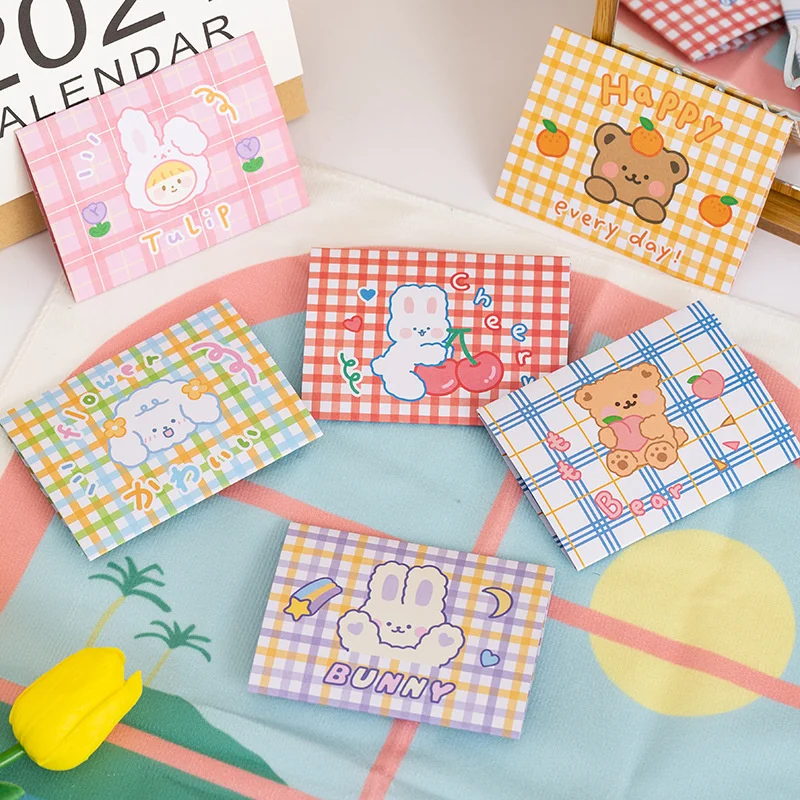 Cartoon Cute Plaid Bear Bunny Envelope Foldable Message Card Birthday Wishes Card Greeting Small Stationery Gift 10pcs/lot 3d pop up card birthday greeting cards
