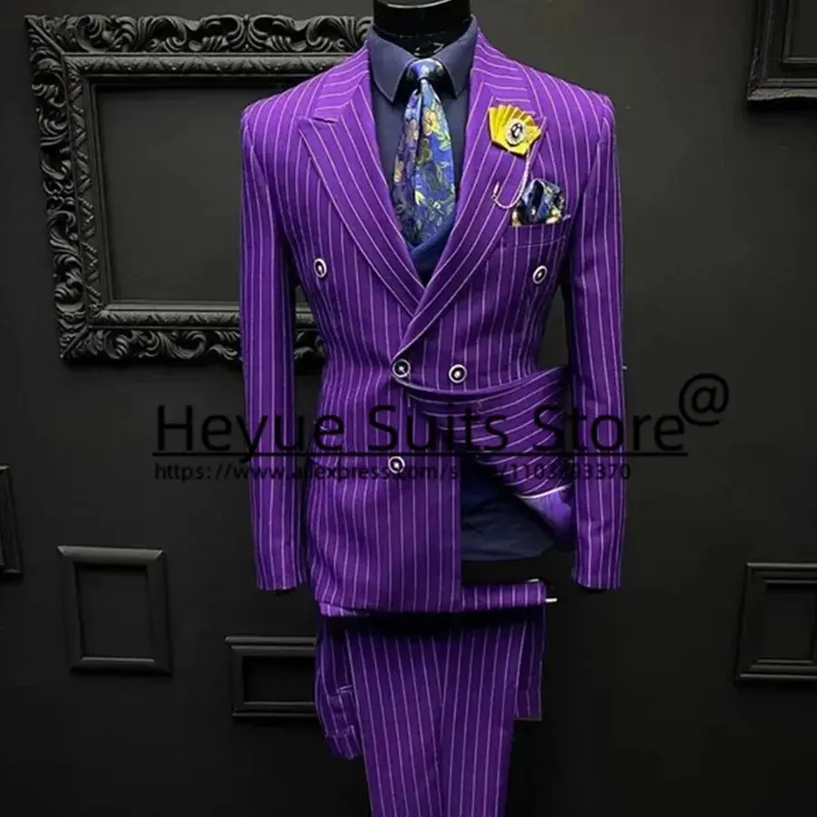 Men's Elegant Stripe Wedding Suits Slim Fit Double Breasted 2Pieces Sets Business Blazers
