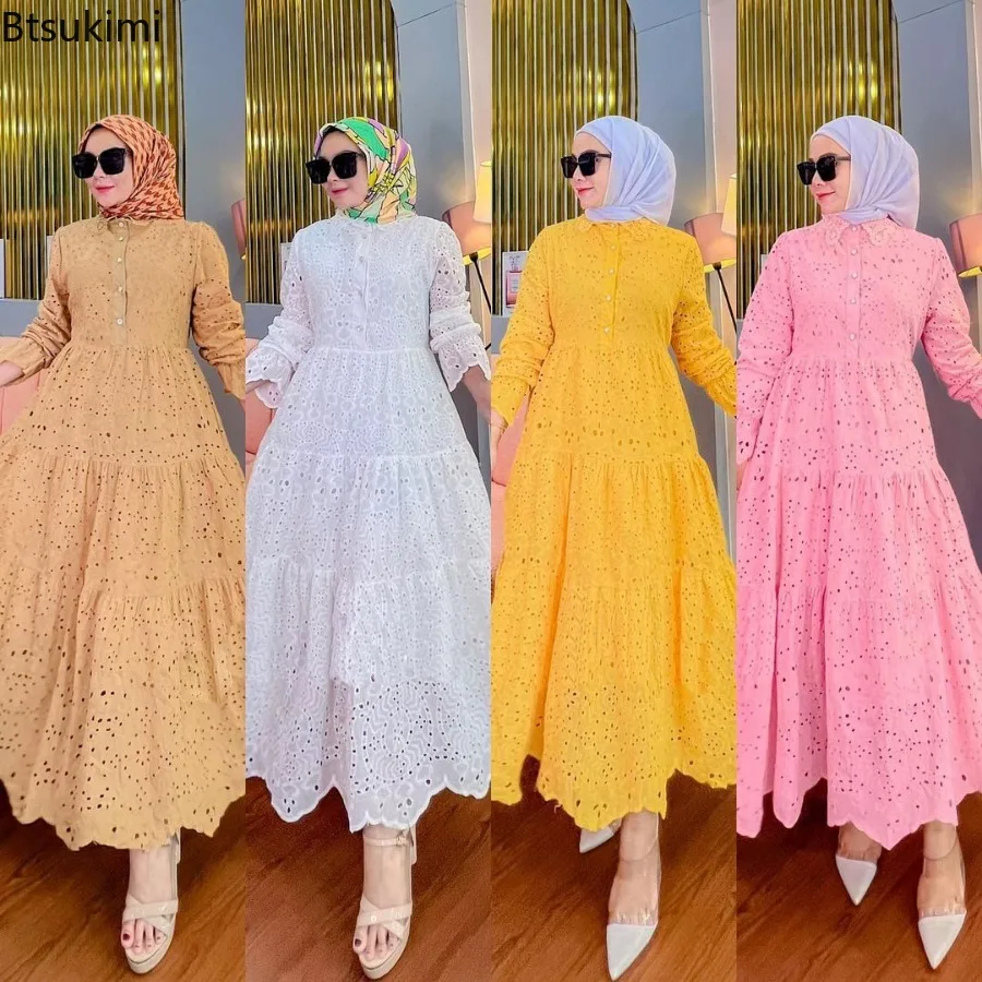 

Jalabiya Women Eid Muslim Dresses Abaya Fashion Embroidered Hollow Out Lace Long Sleeve Party Dress Robe Vestidos Elegant Female