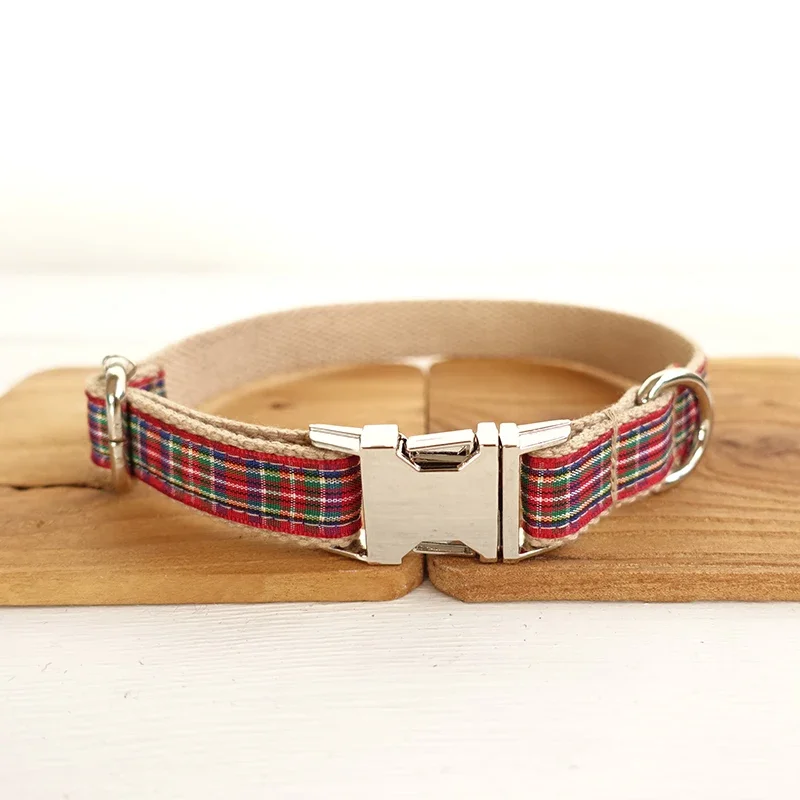 Dog Collar Personalized Pet Collar Scottish Plaid Puppy Cat Name ID Tag Adjustable Collars Lead Leash Free Engraving
