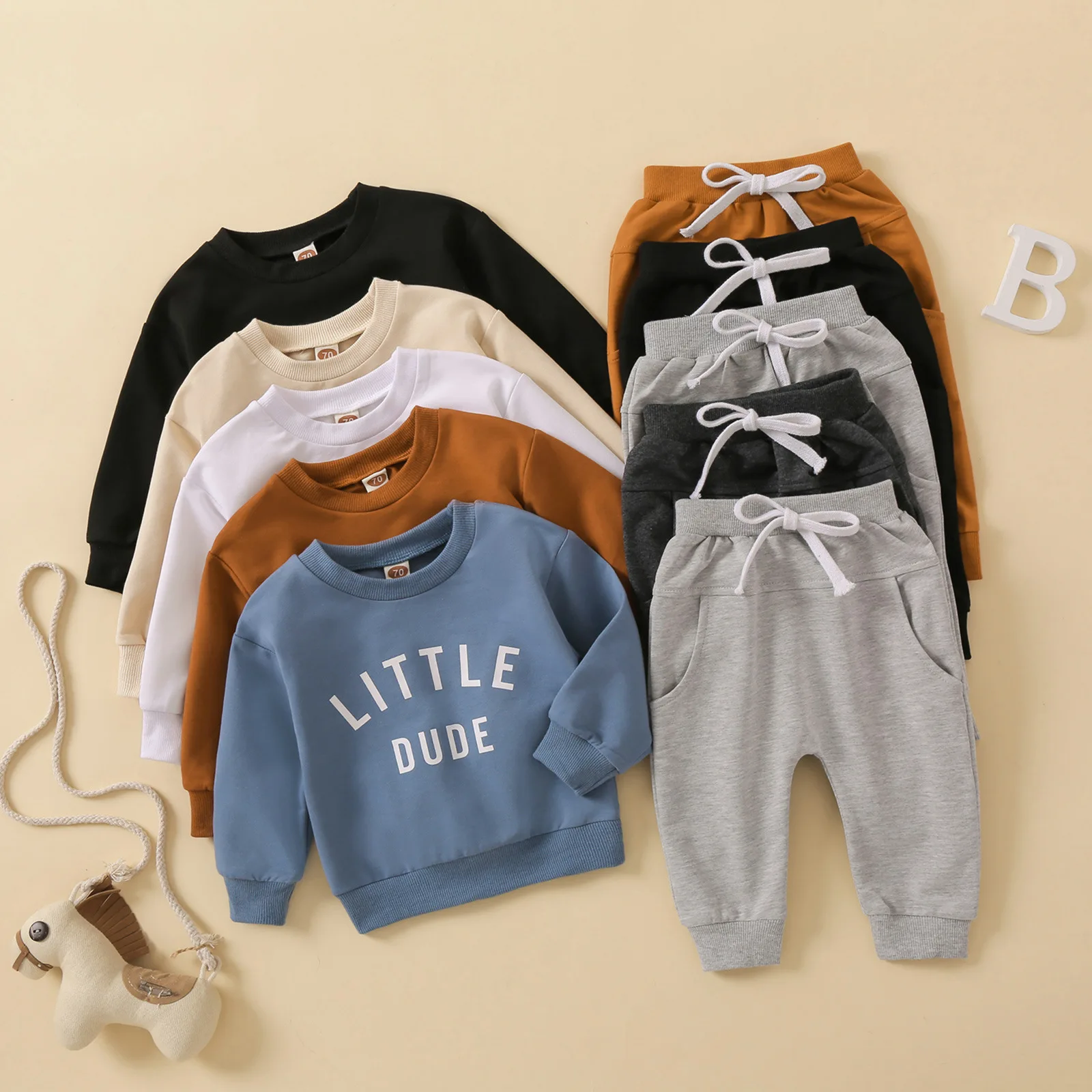 

2023 Baby Boy fall Clothes 2 PCS Round Collar Letters Printing Pure Color Child Upper and Lower Garment Set 2-12Y
