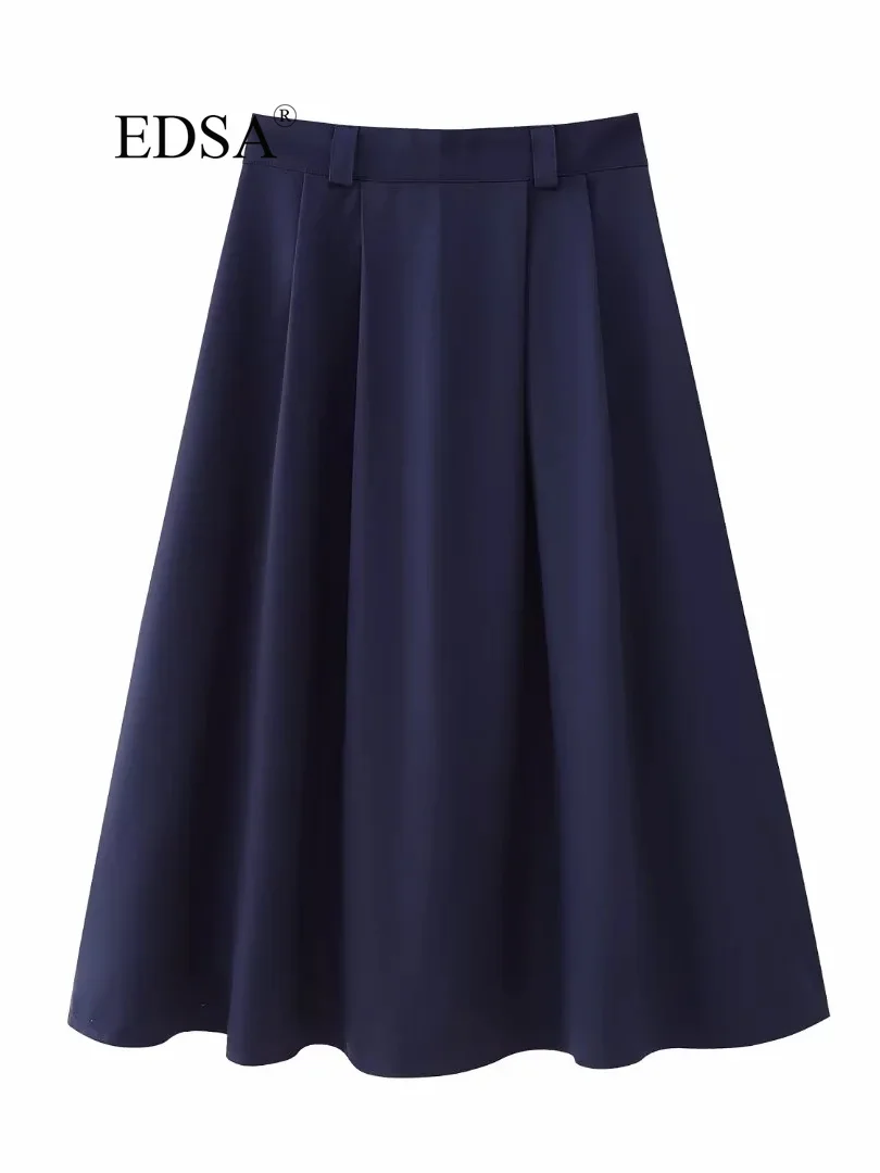 Edsa Women Fashion Navy Blue Wool Blend Voluminous Midi Skirt Belt