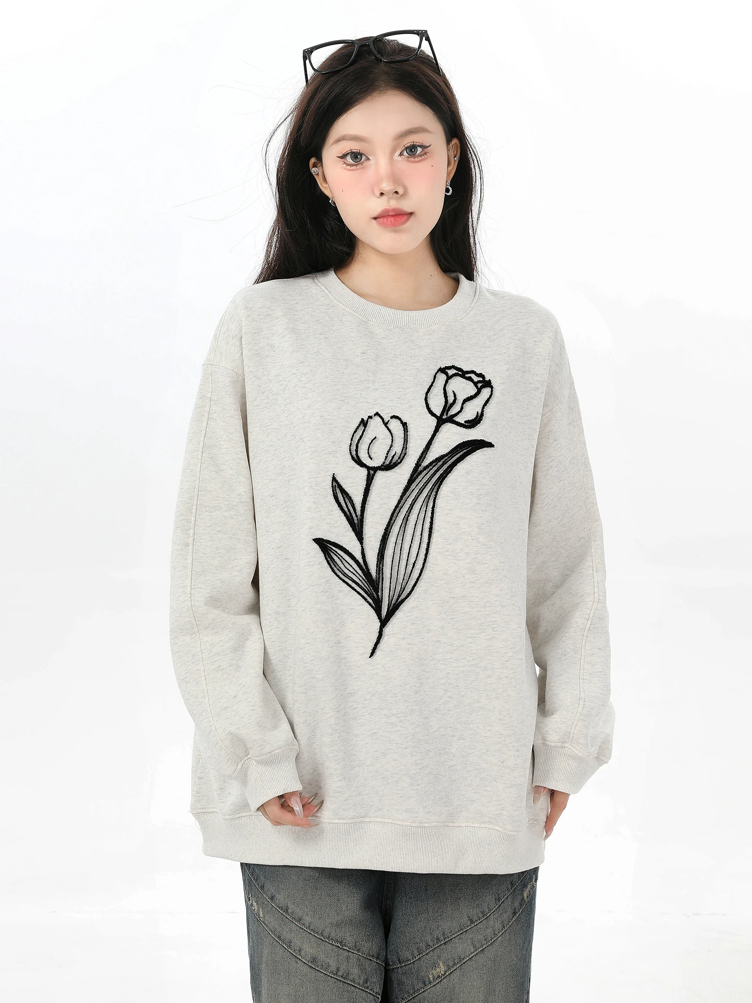 American-Style Gray Pullover Sweatshirt Autumn Winter Oversize Hoodies Retro Casual Loose Round Neck Long-Sleeved Sweatshirts