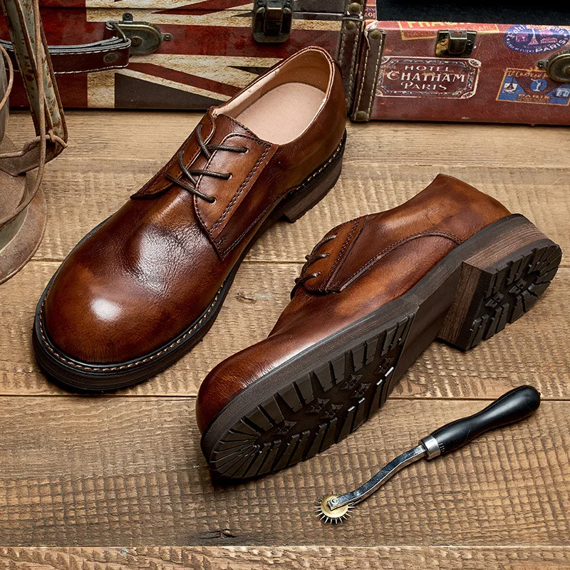 British Vintage Handmade Leather Casual Shoes Round Toe Soft Leather Business Dress Shoes Men's Wedding Workwear