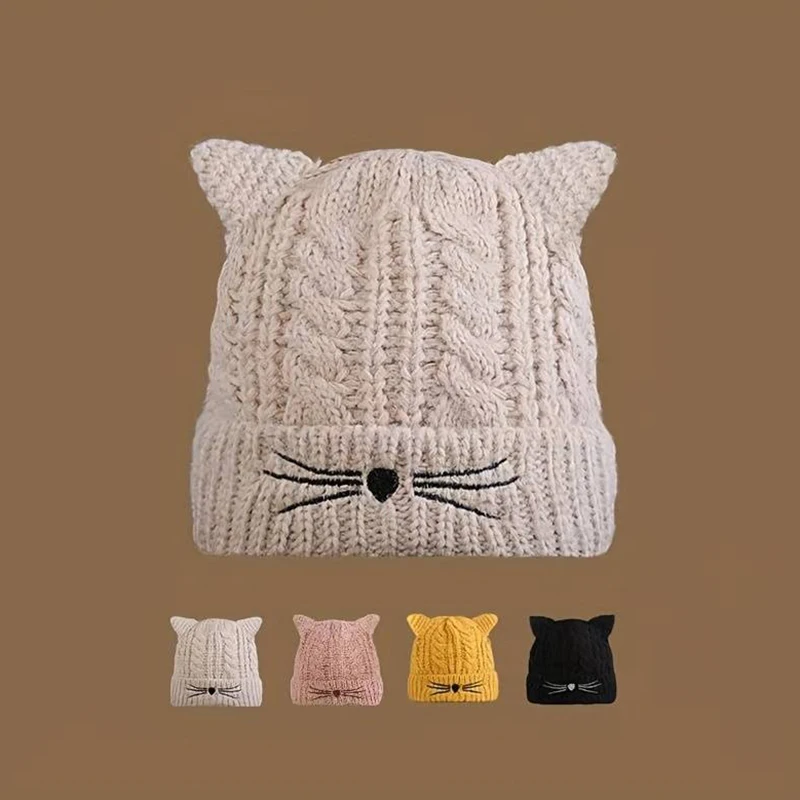 

Knitted Cat Ears Beanies Solid Color Cute Embroidery Thick Knit Hat Elastic Coldproof Ski Hats For Women Winter Outdoor