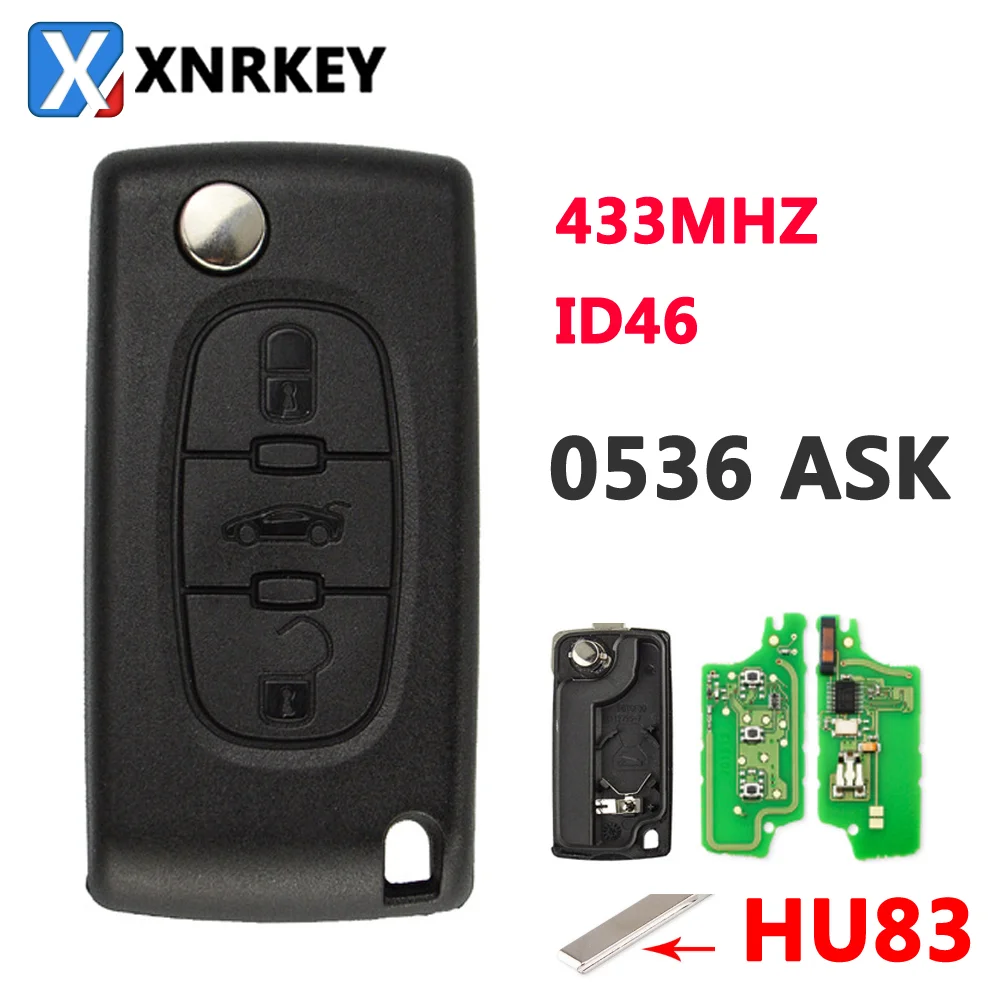 

3 Button Flip Remote Key 433Mhz Electronic 46 Chip 0536 ASK HU83 Blade for Peugeot Key Truck Button