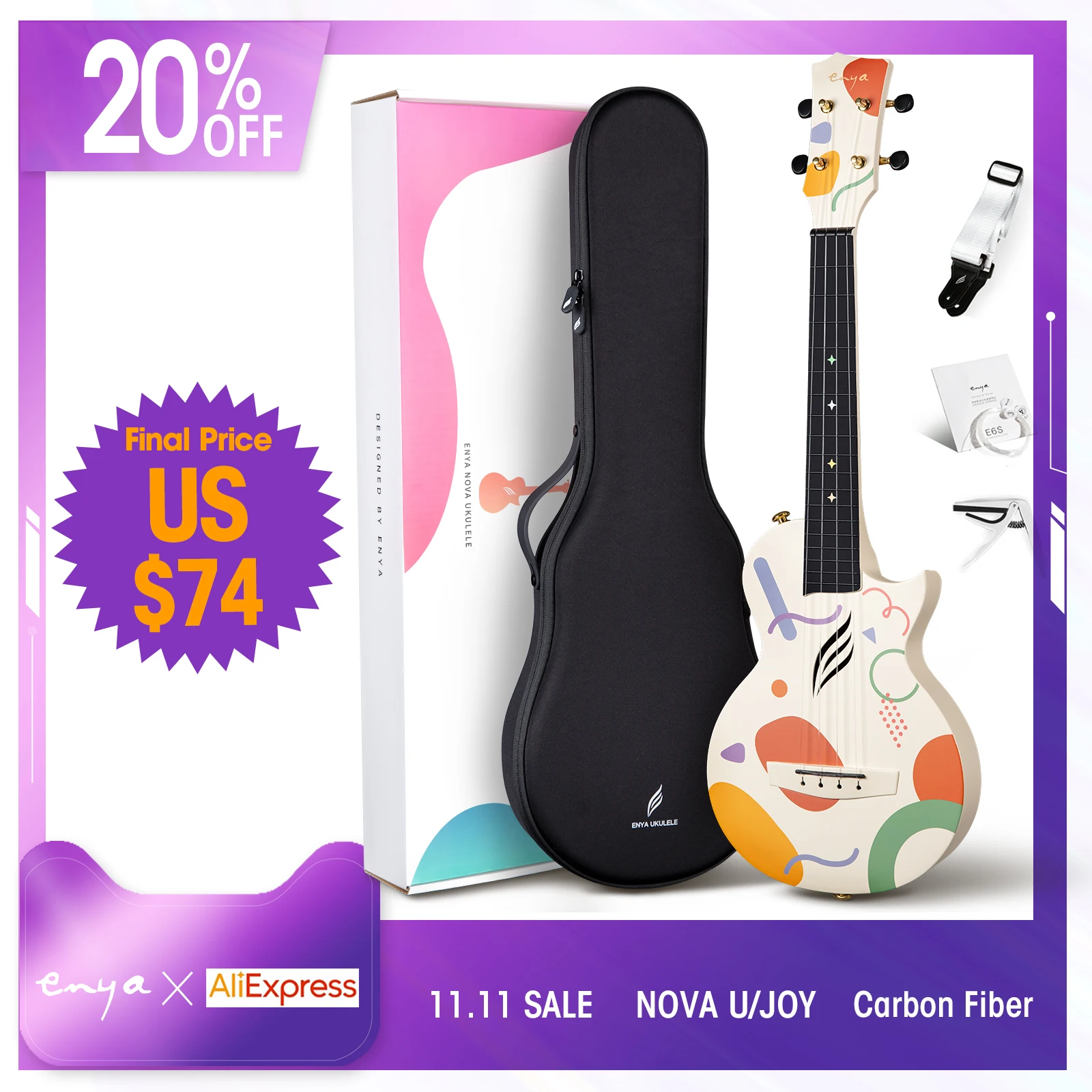 Enya Concert Ukulele Nova U 23 Inches Carbon Fiber Travel Ukelele With Beginner Kit Includes