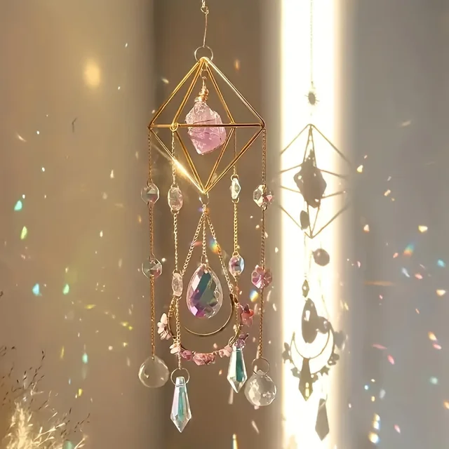 1pc Amethyst Crystal Suncatcher, Hanging Golden Plated Garden Sun Catcher For Windows, Healing Amethyst Crystal Decor For Home,