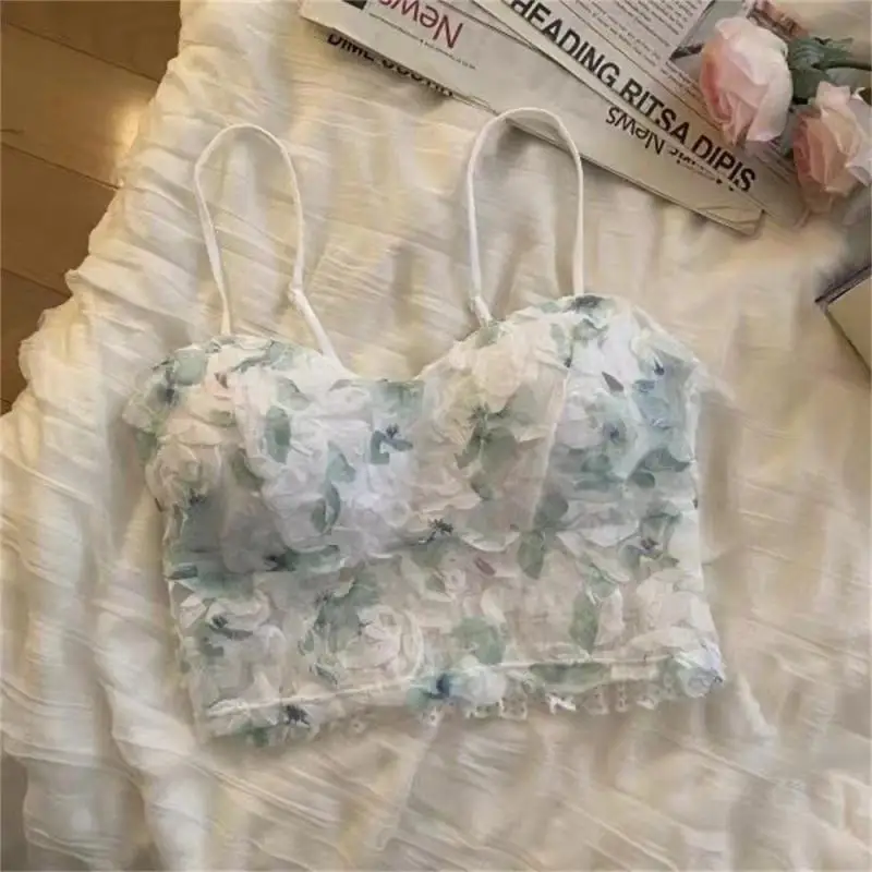Summer Sweet Floral Corset Vest Office Lady Beach Style Sleeveless Delicate Floral Halter Top With Open Back And Midriff-Short