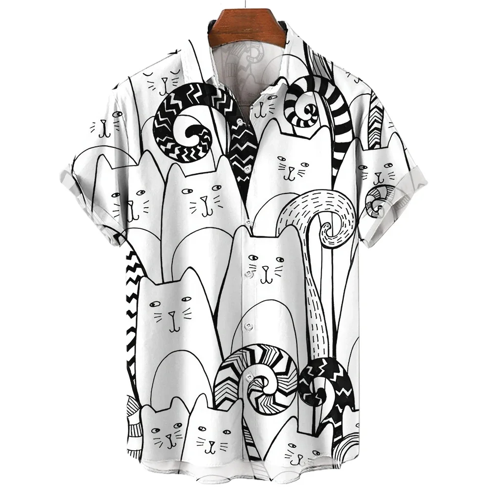 Men's Short Sleeve Shirt Fashion Cartoon Line Cat Pattern Print Top Women's Casual Button Shirt Top 3