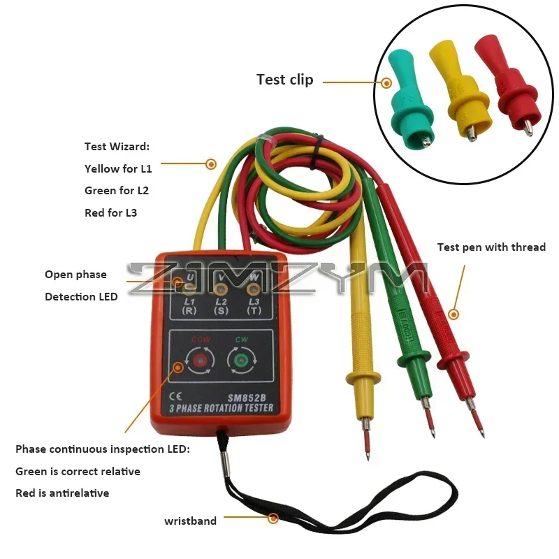 3 Phase Tester Digital Phase Indicator Detector Phase Sequence Meter Voltage Tester Tools 60V~600V AC SM852B 5
