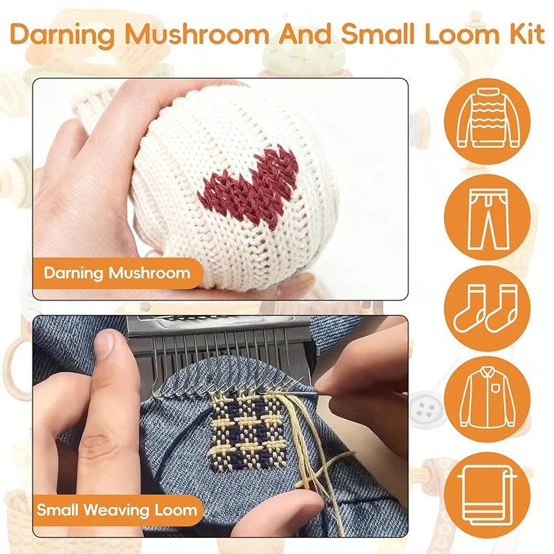 Mini-Reparaturwebrahmen, Pilz-Strickpatch-Set mit 14 Haken, kleiner Webrahmen, 14 große Augennadeln, 50 Farbige Fäden – Detail 6