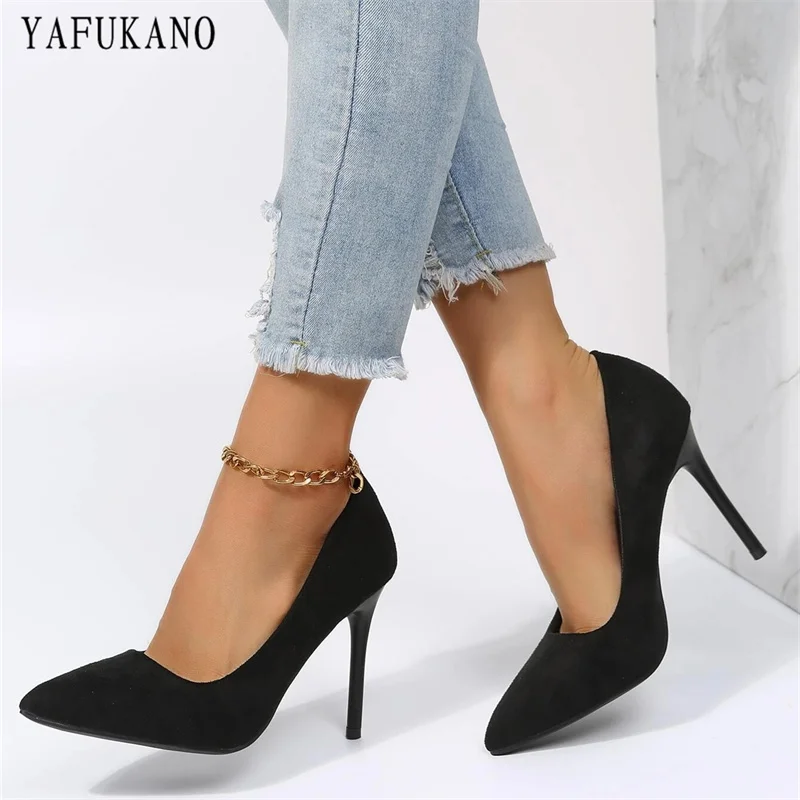 Fashion Point Toe Solid Flock Stiletto High Heels 10Cm/7Cm Sexy Women Pumps Elegant Ladies Office Work Shoes Small Size 33 3