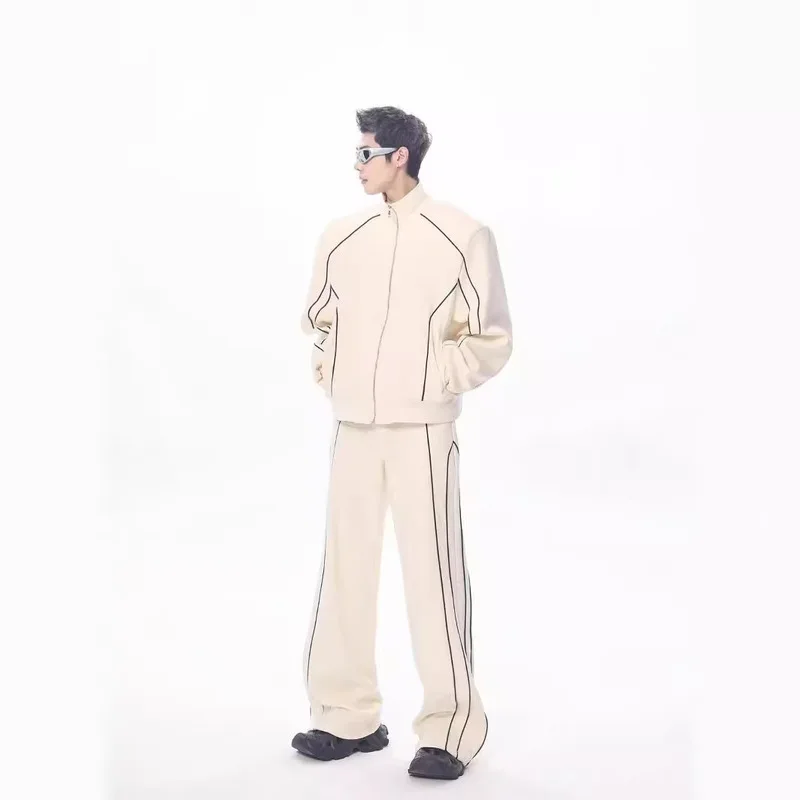 남성용 캐주얼 수트, 루즈하고 부드럽고 편안한 디자인 가디건, 스탠드업 칼라 재킷, 와이드 레그 팬츠, 트렌디 한 2 피스 세트