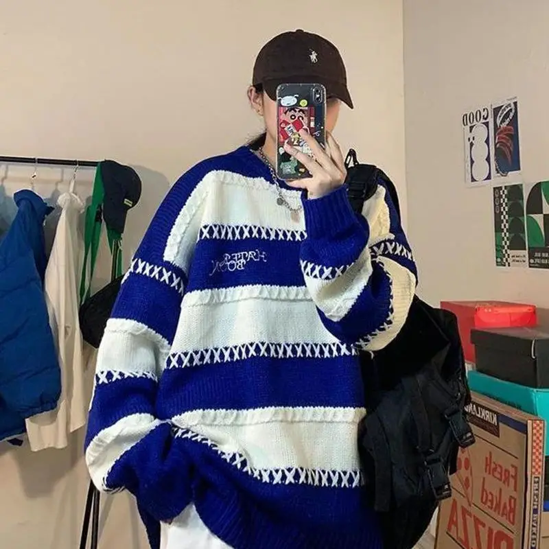 Autumn Winter Knitwear Long Sleeve Stripe Sweaters Men Fashion Harajuku All Match Tops Casual Pullover Thick Loose Male Clothes